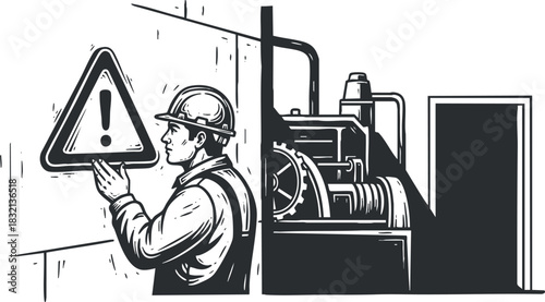 A construction worker holding a warning sign next to machinery in black and white outline vector style, suitable for safety manuals and industrial graphics