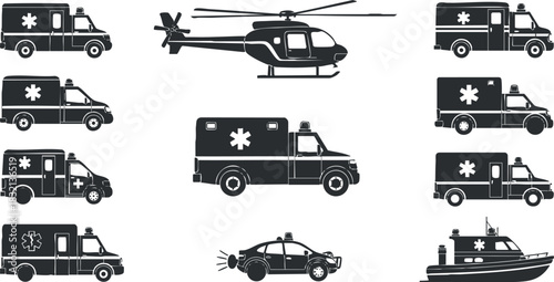 A collection of emergency vehicles including ambulances, police cars, a helicopter, and a rescue boat in black and white vector style, ideal for health and safety graphics