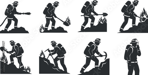 A set of firefighter silhouettes performing various tasks in black and white vector style, ideal for emergency management graphics