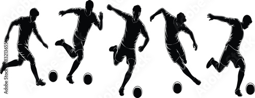 WebCollection of dynamic male soccer players in action poses, capturing kicking, running, and dribbling the football, symbolizing competition, skill, and sportsmanship.