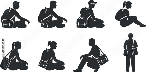 A collection of silhouette icons depicting people sitting with backpacks in black vector style, suitable for educational and lifestyle designs