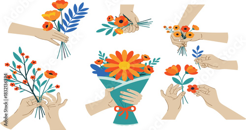 PrintCollection of Hands Holding Flowers Vector Set, People Receiving and Giving Bouquets, Flat Illustration for Florist, Romantic Gift, and Celebration Design Elements