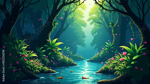 Detailed Anime Tropical Jungle Riverbank Vector Background