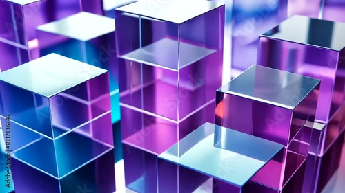Futuristic Neon Cube Grid with Vibrant Light Reflections and Dynamic Visual Effects