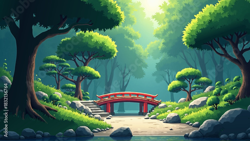 Serene Anime Japanese Forest Garden Vector Background