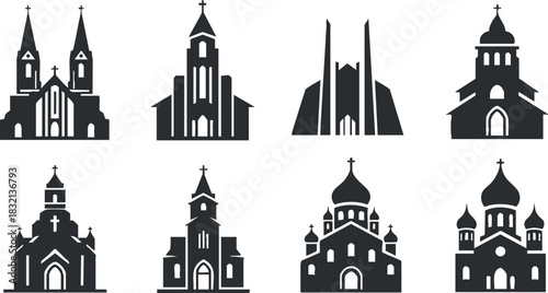 A collection of eight church silhouettes in black vector style, suitable for religious design projects and branding