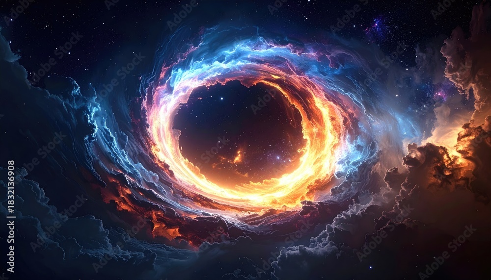 Obraz premium Vibrant Fiery Nebula With Swirling Blue Gas Clouds And Scattered Stars In Deep Space