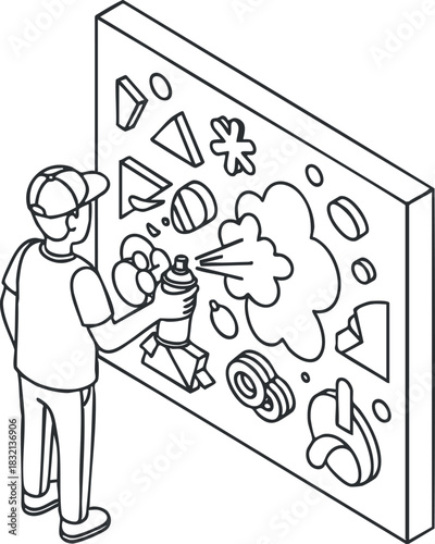 An artist spray painting an abstract mural on a wall in a minimalist black and white vector style, ideal for art-related projects