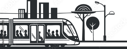 A tram passing through a cityscape in flat black and white vector style, ideal for urban transportation design