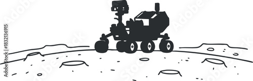 A silhouette of a lunar rover exploring the moon's surface in black and white minimalist vector style, ideal for space exploration themes