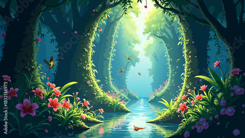 Vibrant Anime Style Rainforest Background