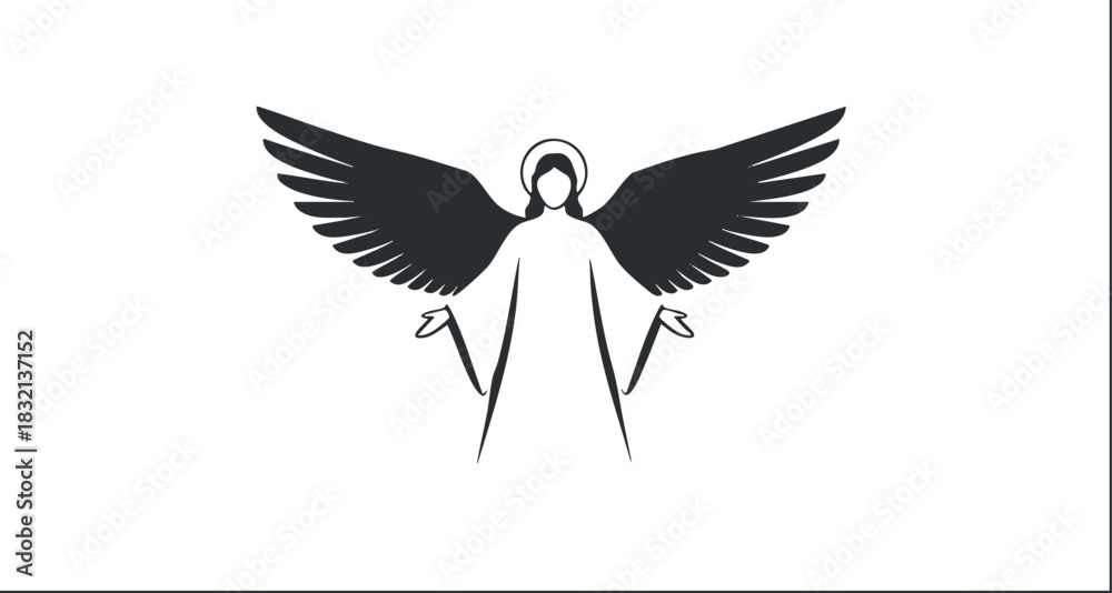 Naklejka premium An angel figure with large wings in a minimalist outline vector style, suitable for spiritual and religious themes