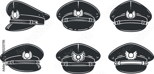 A set of military officer caps and hats in black and white outline vector style, suitable for design and branding projects