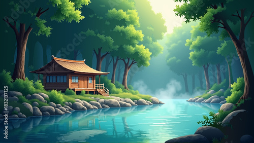 Tranquil Anime Vector Forest Hot Spring Bathhouse Background