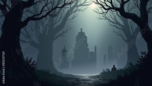 Mysterious Anime Vector Forest Background with Fog and Ancient Ruins