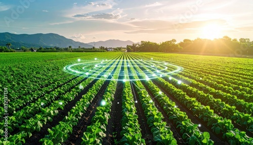 Vast green agricultural field at sunset with rows of crops illuminated by golden sunbeams and digital technology overlay representing smart farming innovation