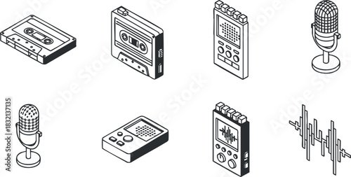 A collection of audio-related icons including microphones, cassette tapes, and sound devices in black and white outline vector style, ideal for music and recording projects