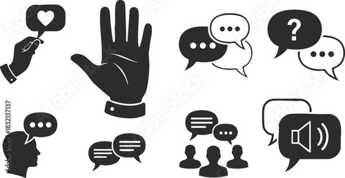 A collection of communication icons including hands, speech bubbles, and people silhouettes in black and white vector style, ideal for social media and branding