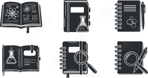 A collection of science-themed notebooks and books in black and white outline vector style, ideal for educational materials and scientific projects