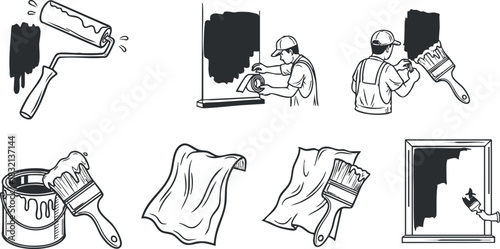 A collection of painting tools and workers in minimalist black and white vector style, ideal for home renovation projects