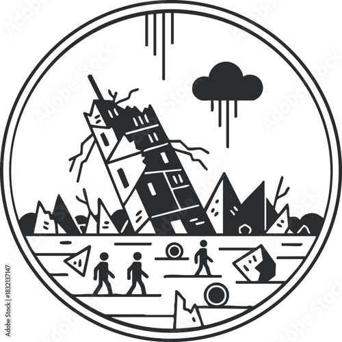 A scene depicting a collapsed building amidst a desolate landscape in black minimalist vector style, ideal for environmental awareness projects