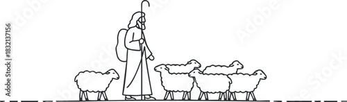 A shepherd guiding a flock of sheep in a minimalist black and white vector style, perfect for agriculture themes and rural illustrations