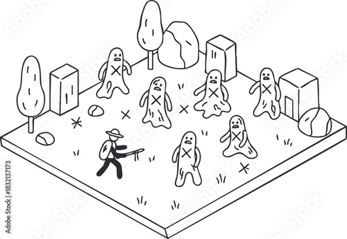 A whimsical illustration of a hunter exploring a surreal landscape with mysterious creatures in an isometric vector style, ideal for fantasy-themed projects