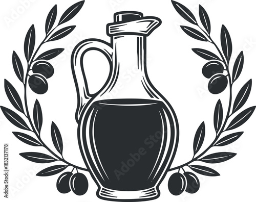 A decorative olive oil jug surrounded by olive leaves in a black and white hand-drawn vector style, perfect for culinary design