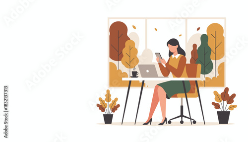 Professional woman using phone and laptop at desk remote work in autumn setting