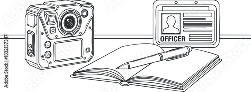 A police camera, notebook, pen, and officer ID card in black and white line art style, ideal for law enforcement graphics