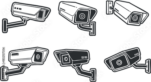 A set of six surveillance cameras in black and white outline vector style, ideal for security and safety designs