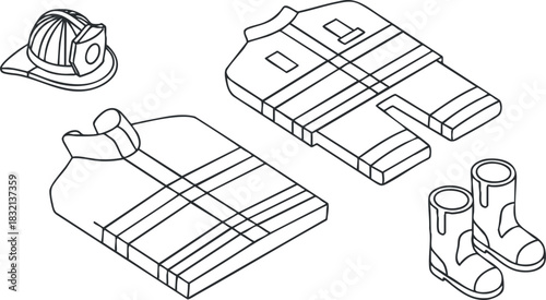 A collection of firefighter gear including a helmet, jacket, and boots in black and white outline vector style, ideal for safety and emergency services design