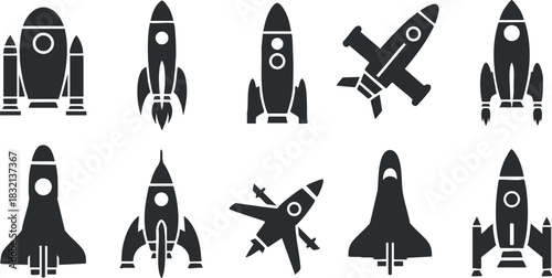 A collection of various rocket illustrations in black and white vector style, ideal for technology and space-themed projects