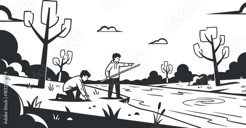 Two men fishing by a river in a black and white minimalist vector style, perfect for outdoor activity illustrations