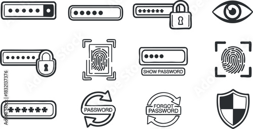 A collection of password and security icons including locks, fingerprints, and protection symbols in flat outline vector style, suitable for digital security applications