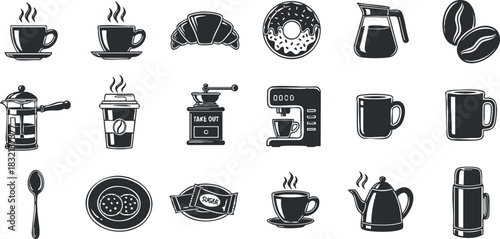 A set of coffee and tea icons including cups, croissants, donuts, and brewing equipment in black and white minimalist vector style, ideal for cafe branding and menu design