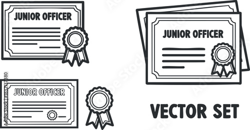 A set of junior officer certificates and badges in flat outline vector style, suitable for educational and professional use
