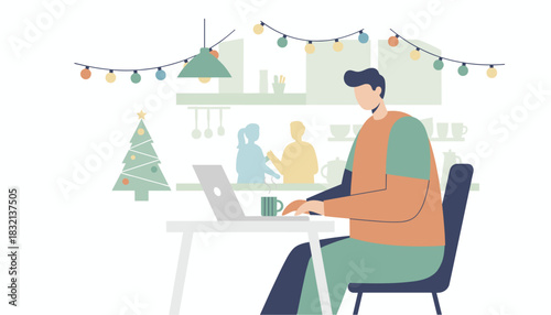 Man working remotely on laptop in festive kitchen with Christmas tree and string lights