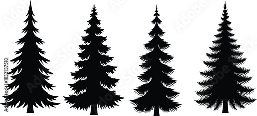 PrintDetailed Pine Tree Silhouette Vector Collection, Set of Four Different Conifer Shapes, Evergreen Fir Tree Graphic Elements, Winter and Christmas Holiday Design, Black and White Isolated Icons