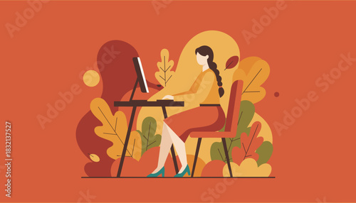 Woman working on desktop computer surrounded by warm autumn foliage Remote work or productivity concept