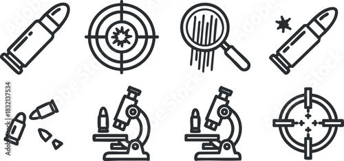 A collection of bullet and target icons in clean black outline vector style, suitable for educational and forensic design projects