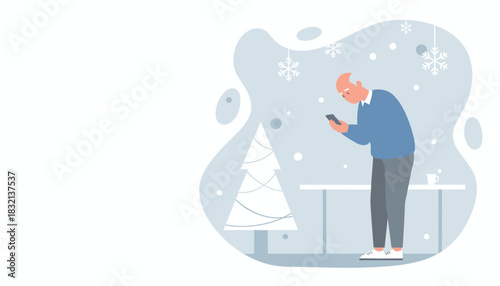 Senior man uses smartphone in a cold festive setting Holiday greetings and technology illustration
