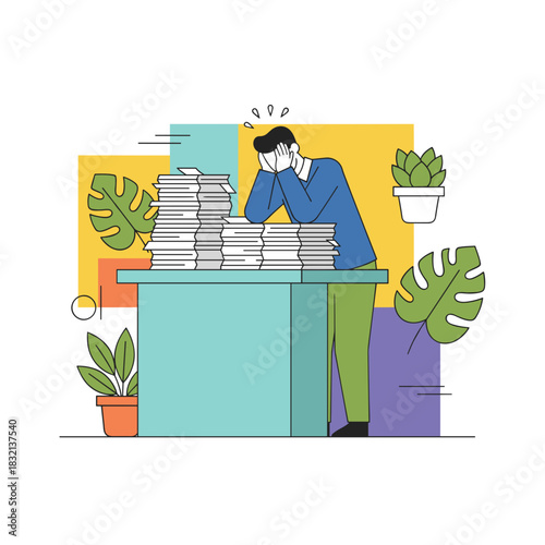 Overwhelmed employee suffers professional burnout from massive paperwork stack and deadline pressure