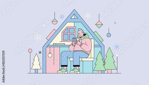 Man uses smartphone in a cozy Aframe cabin surrounded by snow and winter trees Holiday stay