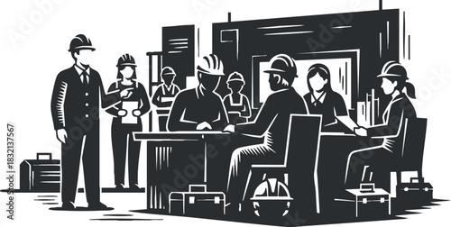 A group of construction workers and business professionals in a meeting setting, illustrated in a black and white vector style, suitable for industry-related projects