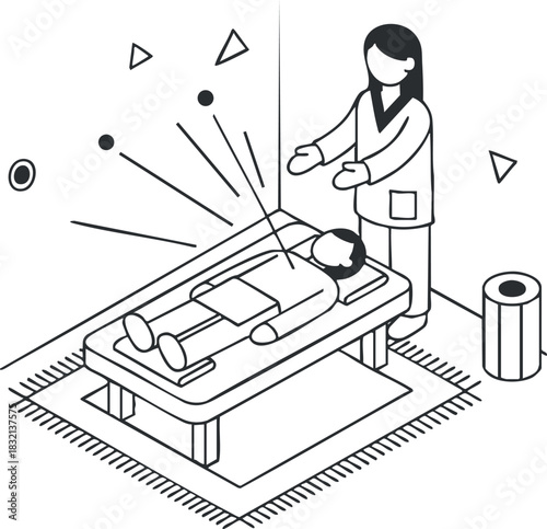 A patient receiving acupuncture treatment on a therapy table in minimalist black and white vector style, ideal for wellness and healthcare design