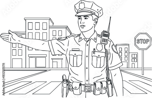 A police officer directing traffic with a stop sign in black and white outline vector style, suitable for law enforcement graphics and educational materials