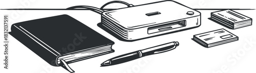 A collection of a notebook, pen, stapler, and business cards in minimalist black and white outline vector style, ideal for office and stationery branding