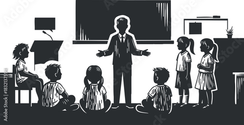 A classroom scene with a teacher presenting to students in black and white silhouette vector style, ideal for education-related projects