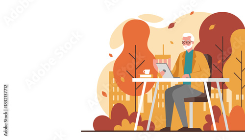 Senior man working remotely on laptop outdoors in autumn city park Freelance lifestyle